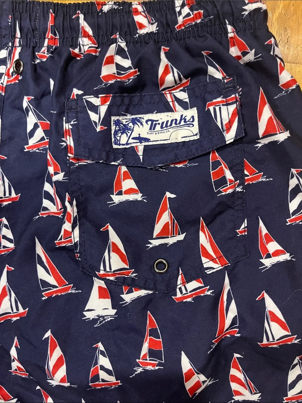 Men's Navy Sailboat Swim Trunks with Drawstring Waist